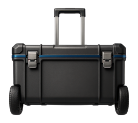 Wheeled modular tool case with telescopic handle for ease of transport on large job sites.