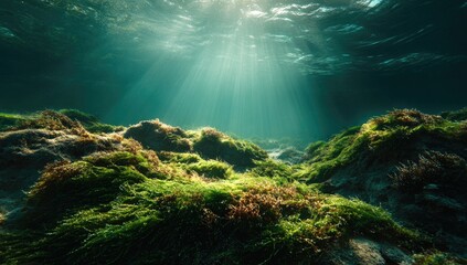 Fototapeta premium Sunbeams pierce the ocean's surface, illuminating a vibrant underwater scene of rocks and lush green seaweed