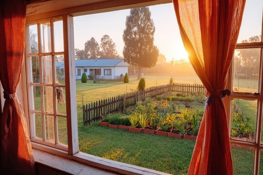 Sunrise view from a window, with orange curtains
