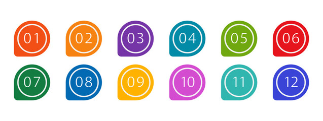 Colorful bullet points set of numbers from zero to twelve. Multicolored circles and numbers. Set of markers with numbers. Vector flat icons isolated on white background