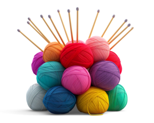 Colorful Yarn and Knitting Needles on a transparent background