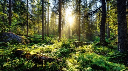 Obraz premium Rays of Sunlight in a Green Forest – Tall Trees, Sunbeams Filtering Through Leaves, Enchanting Serene Landscape with Lush Foliage, Captured in High Resolution
