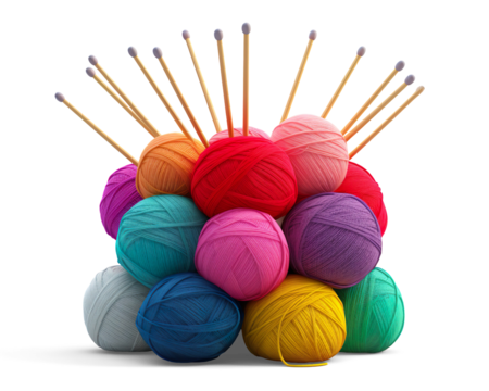 Colorful Yarn and Knitting Needles on a transparent background