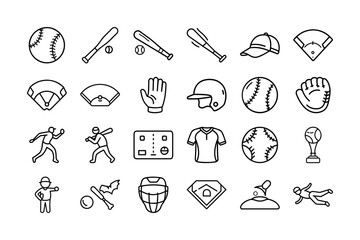 Baseball Element Vector Icon Set. Baseball equipment, field elements, gloves, bats, balls, helmets, uniforms, bases, umpire, and more. Editable stroke. Vector illustration.