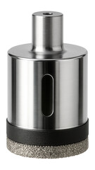 Diamond grit hole saw with a side ejection slot for drilling into glass surfaces in a custom design studio.