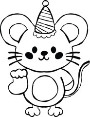 Cute mouse with party hat holding small stocking cartoon style festive atmosphere cheerful expression simple design black outline suitable for children illustrations celebration theme