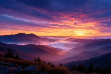 Obraz premium majestic mountain landscape at sunrise, low-hanging mist, vibrant sky gradients.