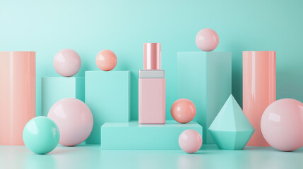 A horizontal cosmetic mockup, centered on a pastel turquoise surface. 