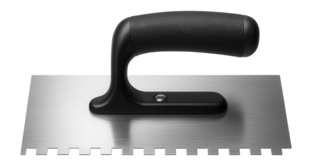 Square notched trowel for spreading mortar on large flooring projects.