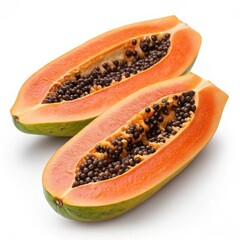 Two halves of a ripe papaya with black seeds and green leaves isolated on white