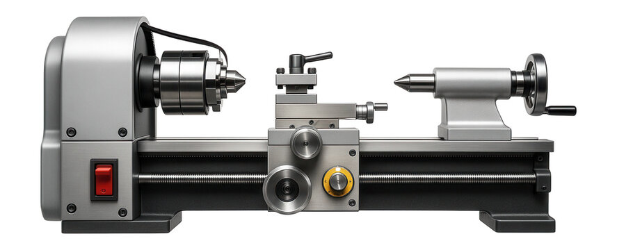 Belt-driven metal lathe with a tailstock, for general machining tasks.