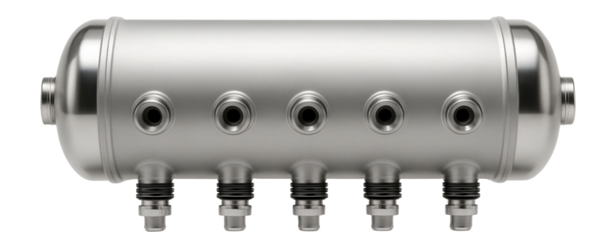 Horizontal air receiver with multiple outlet ports, designed for a large scale HVAC system.