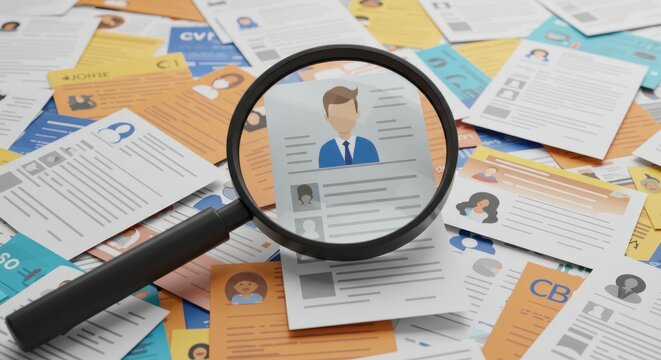 Magnifying Glass Highlighting Candidate Resume – Job Recruitment and HR Selection Concept