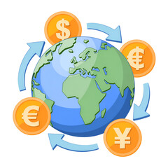 Earth surrounded by currency symbols representing global finance and money exchange  
