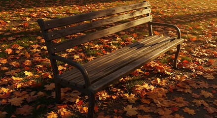 Serene Wooden Park Bench Bathed in Golden Autumn Sunlight Amidst Fallen Leaves