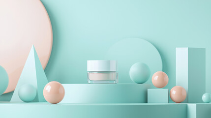 A horizontal cosmetic mockup, centered on a pastel turquoise surface. 