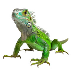 Fototapeta premium Vibrant Green Iguana on Black Background Reptile Portrait Exotic Lizard Wildlife, isolated on a transparent background