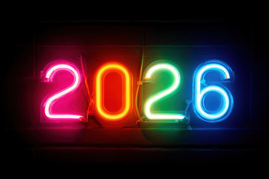 glowing neon '2026' sign - Powered by Adobe