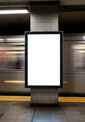 Blank advertising billboard in subway station with blurred train.