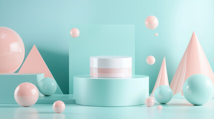 A horizontal cosmetic mockup, centered on a pastel turquoise surface. 