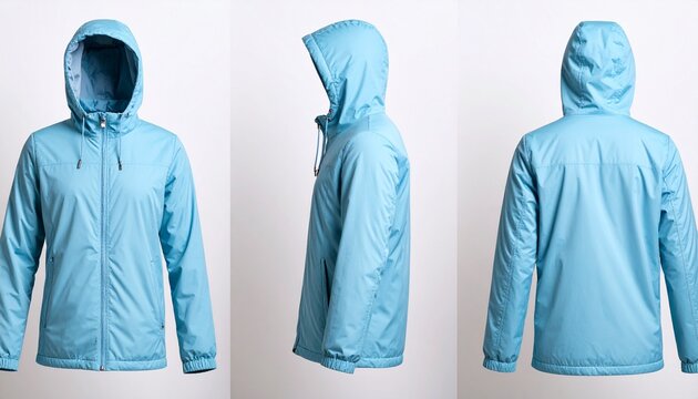 Three-Angle Studio Shot of Light Blue Hooded Windbreaker Jacket