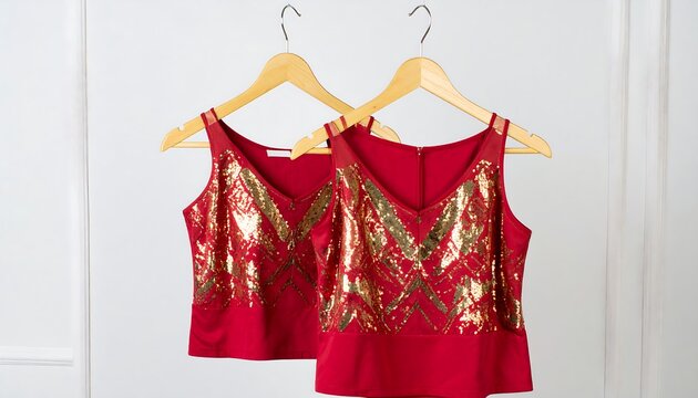Two Red Sequin Sleeveless Tops on Wooden Hangers Against White Background