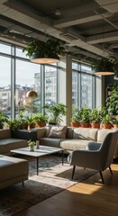 Modern Office Lounge with Indoor Plants &ndash; Cozy Seating Area in Bright Natural Light 