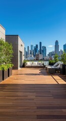 Obraz premium Modern Rooftop Terrace with City Skyline View – Outdoor Lounge in Urban Apartment
