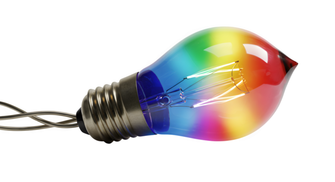 Rainbow lightbulb glows on black, a vibrant and colorful design element for posters and digital graphics.