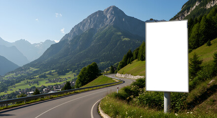A blank vertical billboard mockup on a winding road through a scenic green mountain valley.