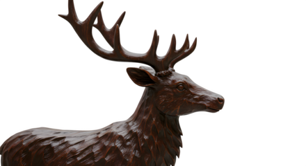 Brown woodcarving shows textured deer head on a black backdrop. Ideal for rustic decor, branding, and posters.