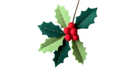 Green and red felt holly ornament showcases texture, sits against black. For holiday product photography, print materials, posters.