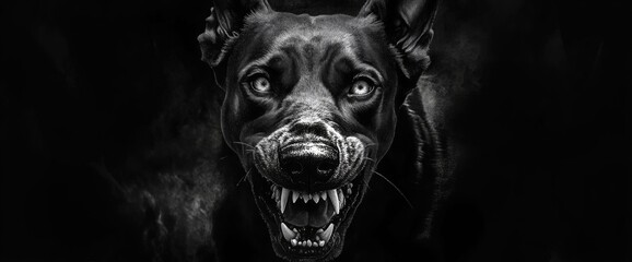 A doberman emerges from the darkness, barking aggressively with teeth bared and piercing eyes. The pointillism style heightens the intensity of this striking black-and-white artwork
