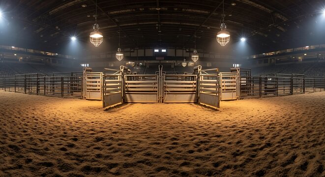 Spotlights illuminate the bucking chutes and dirt floor of an empty indoor rodeo arena before the competition.