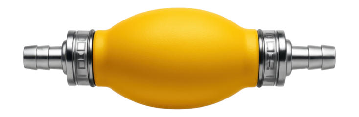 Yellow rubber bulb with a check valve, designed for priming fuel lines in small engines.