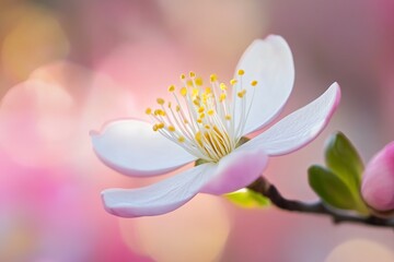 Close-up of a delicate white flower with soft pink highlights,  blurred background