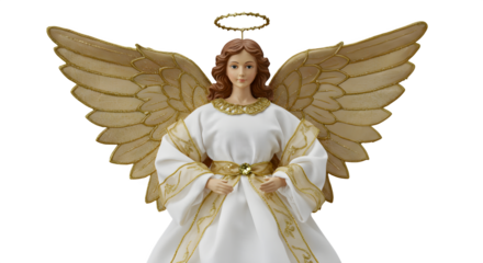 Angel statue features white gown and golden wings against a dark backdrop. For Christmas designs, church flyers, and symbolic artwork.