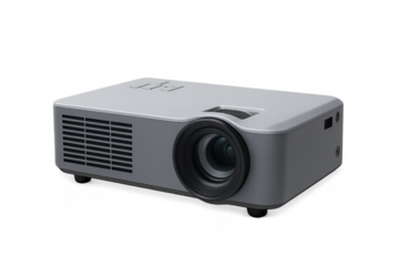 Grey video projector on transparent background, ideal for presentations and home cinema