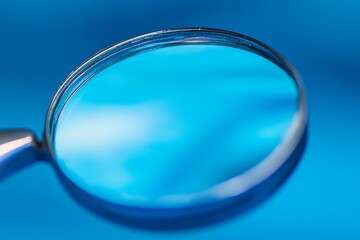 Close-up of a dental explorer and magnifying glass on a blue surface
