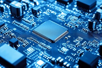 Close-up of a blue circuit board with a central chip