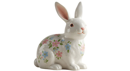 Obraz premium White ceramic rabbit figurine with floral decor sits against black background. Use for Easter decorations, product photography.