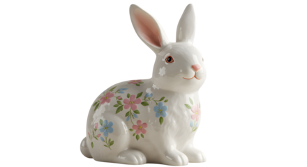 White ceramic rabbit figurine with floral decor sits against black background. Use for Easter decorations, product photography.