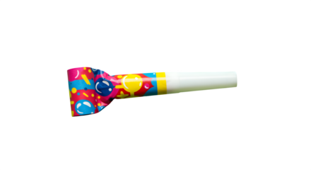 Colorful party noisemaker, shiny surface, casts shadows. Use for party favors, birthday branding, and product photography.