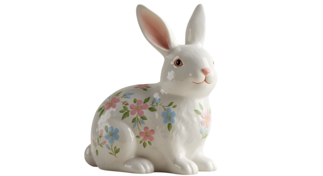 White ceramic rabbit figurine with floral decor sits against black background. Use for Easter decorations, product photography.