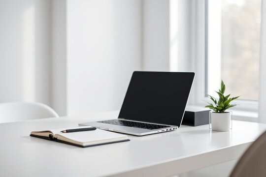 Minimalist home office desk with laptop, notebook, pen  — AI generated