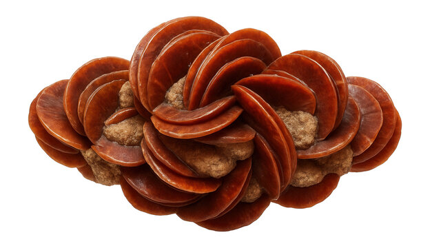 Barite rose formation with reddish-brown, disk-shaped crystals and sand inclusions