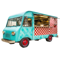 Retro Food Truck Teal Red Checkered Design Mobile Kitchen, isolated on a transparent background