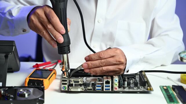 Computer technician in gloves safely repairing desktop hardware. Closeup view of hands fixing GPU and motherboard inside open PC case. Perfect for tech