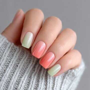 Pastel Ombre Nails in Tea Green and Coral Shades