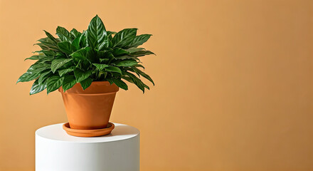 Fototapeta premium Green Potted Plant on White Pedestal Against Warm Beige Background